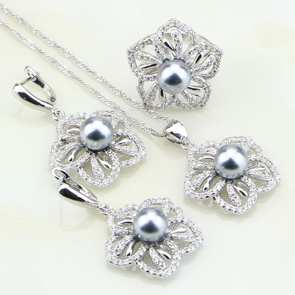 

flower white cubic zirconia gray imitation pearl 925 sterling silver jewelry set for women gift earrings/ring/pendant/necklace, Slivery;golden