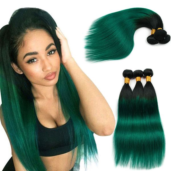 

indian straight human hair weave bundles 100% virgin human hair extensions two tone 1b/green ombre 10-26inch indian remy hair weave, Black