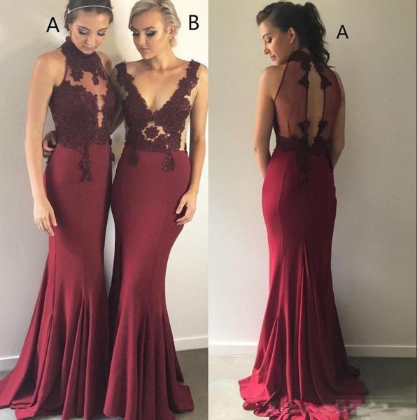 

2018 Burgundy Long Bridesmaid Dresses High Neck Illusion Satin Lace Appliques Sleeveless Wedding Guest Dress Plus Size Maid Of Honor Gowns