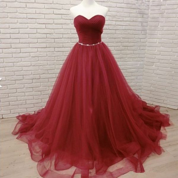 

2019 simple gorgeous long prom dresses burgundy tulle sweetheart sleeveless ruched a-line evening party gowns custom made, Black