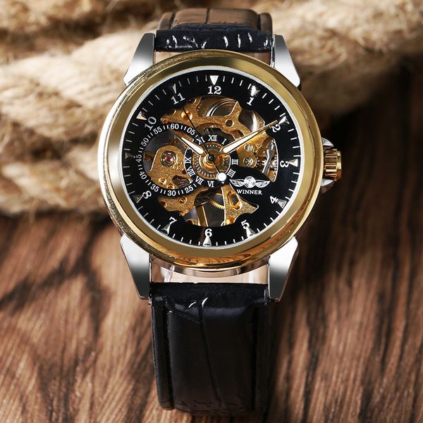 

new brand winner luxury gold round dial wristwatch black leather band strap fashion mechanical hand wind men watch, Slivery;brown