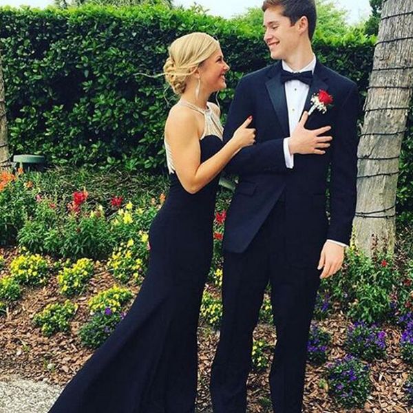 

elegant long formal evening gowns halter neck sleeveless beading mermaid prom dresses custom made sweep train, Black