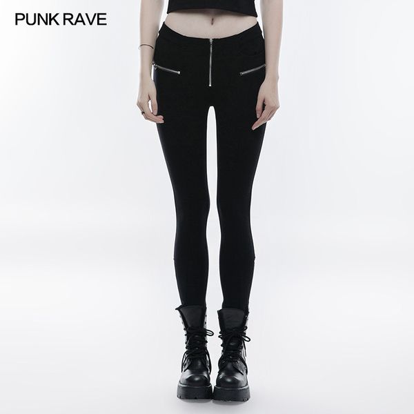 

punk rave fashion casual stretchy women metal zipper ankle-length pants visual kei ing, Black;white