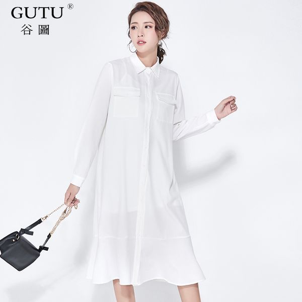 

gutu] 2018 new spring white turn-down collar long sleeve black loose big size fashion perspective casual women dress fa83100, White;black