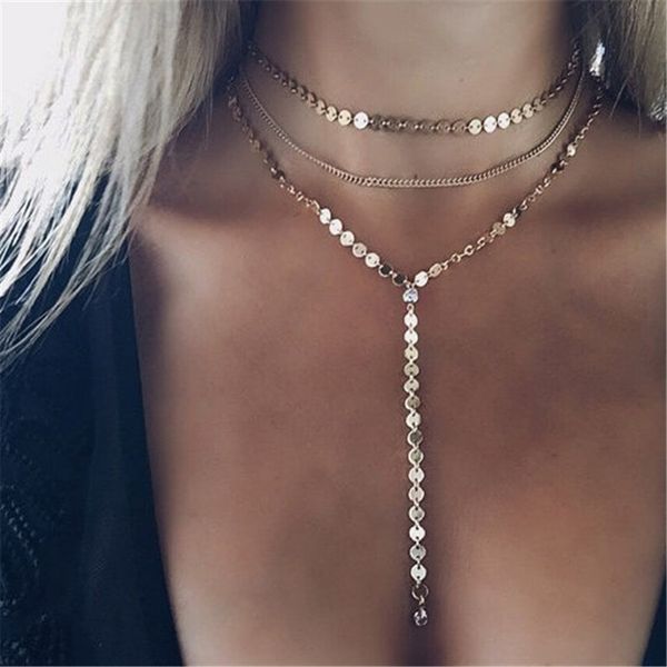 

tjp simple fashion gold silver color multiple layers sequins tassel pendants necklace chain choker collar women jewerly