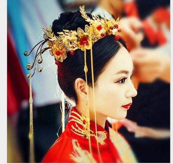 

chinese brides, ancient costume, headwear, fringed hairpin, phoenix crown set, wedding accessories, bridal ornaments, Slivery;golden
