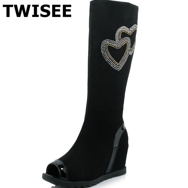 

women knee high boots crystal selling sapatos femininos autumn height increasing woman casual shoes round toe, Black