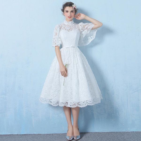 

50-х годов в винтажном стиле чай длины свадебные платья с высоким вырезом и половиной рукава полный шнурок линия короткие свадебные платья н, White