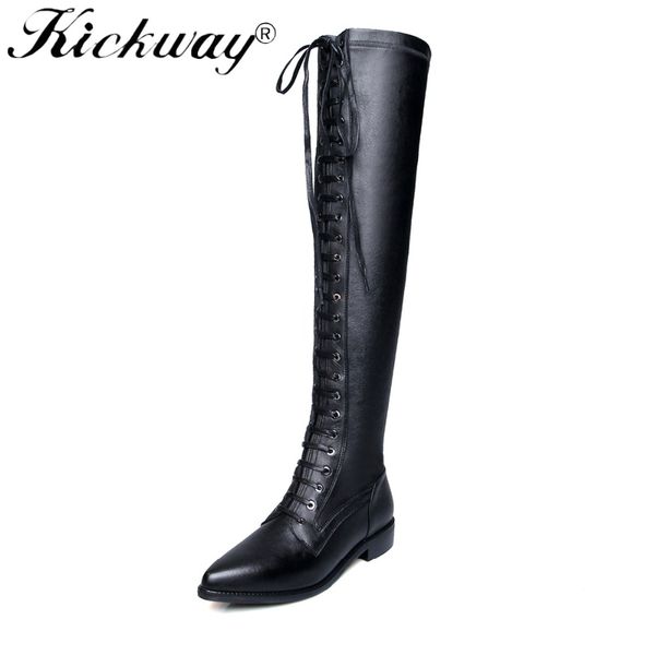 

kickway 2018 fashion cow leather runway platform zip stretch boot thigh high boots big size riding elegant over-the-knee boots, Black