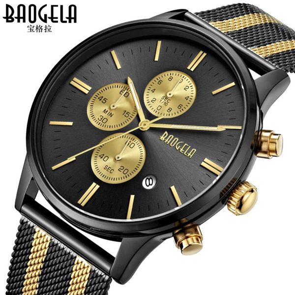 

multifunction mens watches quartz stainless steel man luxury baogela brand watches casual waterproof calendar male clocks, Slivery;brown