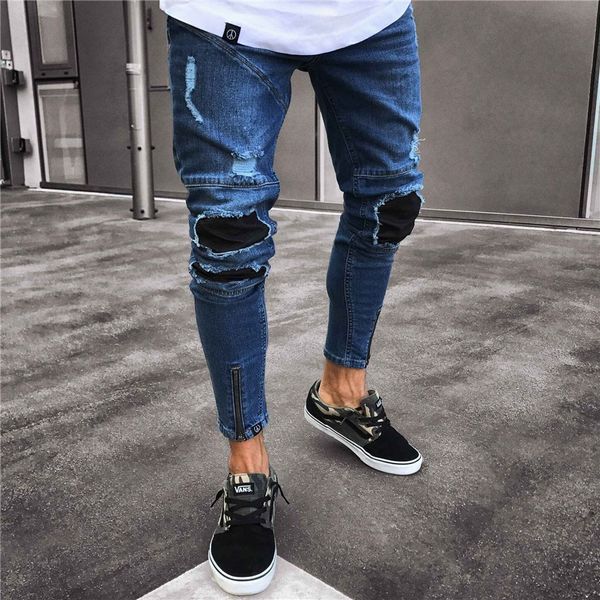 

men's stretchy ripped biker jeans taped slim fit denim pants skinny distressed destroyed hip hop zipper jeans with holes trouser, Blue