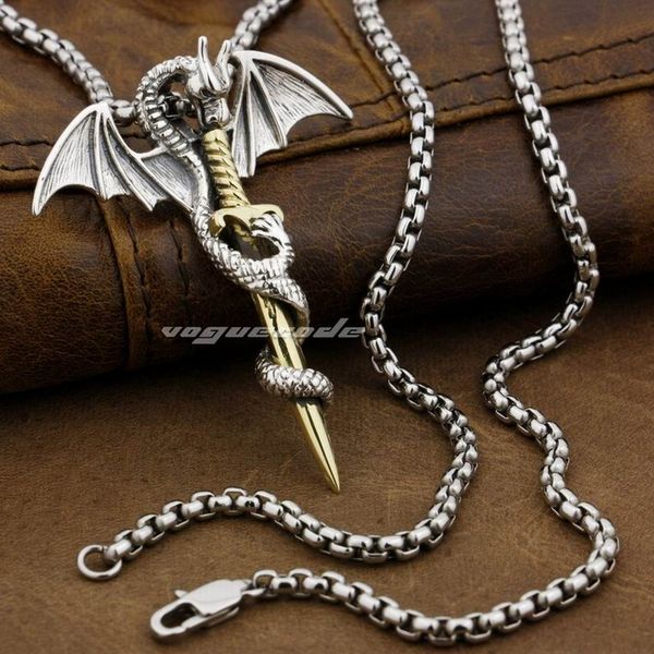 

linsion 925 sterling silver flying dragon brass sword mens biker pendant 8p027 steel necklace 24 inches