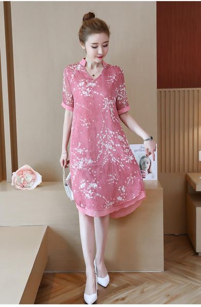 Europäische und amerikanische Mode Frauen Freies Verschiffen 2018 Sommerkleid Drucken Chiffon Große Größe Chinesisches Stil Kleid Weiblich