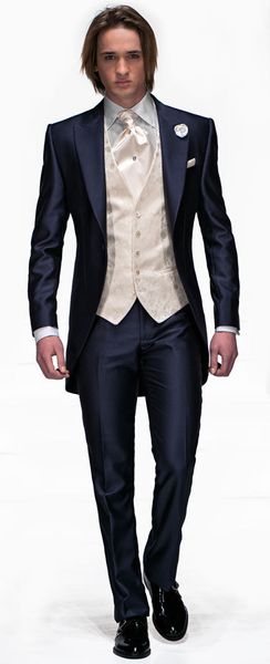 Estilo da manhã Azul Marinho Tailcoat Noivo Smoking Eiegant Homens Desgaste Do Casamento Dos Homens de Alta Qualidade Formal Do Partido Do baile de Finalistas Terno (Jacket + Pants + Tie + Vest) 968