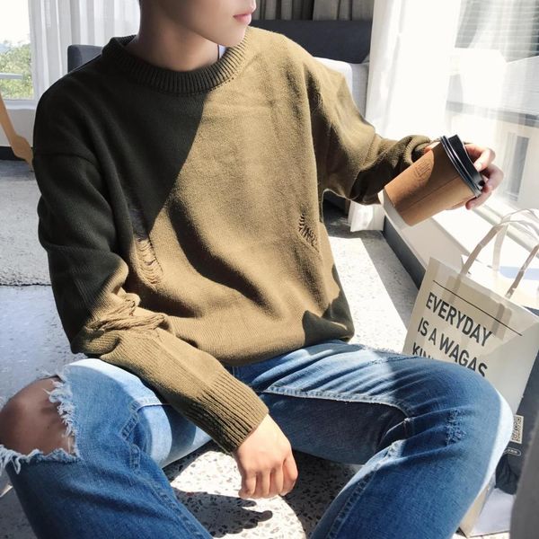 

японский досуг шею с длинным рукавом разбитые отверстия мужской свитер 2018 осень новый случайный вязаный хлопок мужской пуловер пальто, White;black