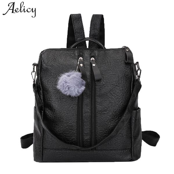 

aelicy luxury vintage college student school backpack pu leather casual rucksack daypack hair ball korean fashion backpack