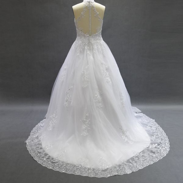 Immagini reali Abiti da sposa taglie forti Bottoni capestro Indietro Sweep Train Applique in organza con applique floreali Paillettes brillanti Economici