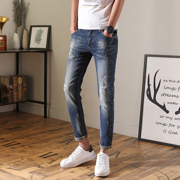 

hole pants men's pants elastic spring summer students, Blue