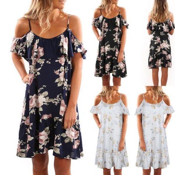

floral dresses spring summer floral printed flounce sling fold off -shoulder women dresses size s-3xl, Black;gray