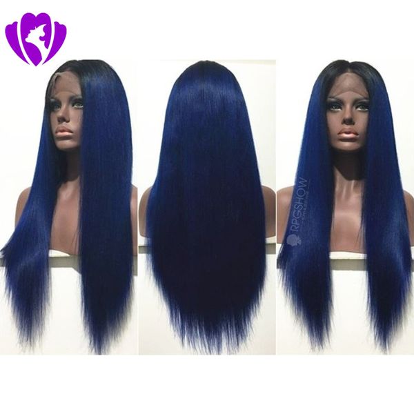 10-30inches raízes longa Oriente parte preta Ombre azul peruca dianteira do laço sintético peruca Natural Longo Cabelo Liso Perucas da Mulher Negra