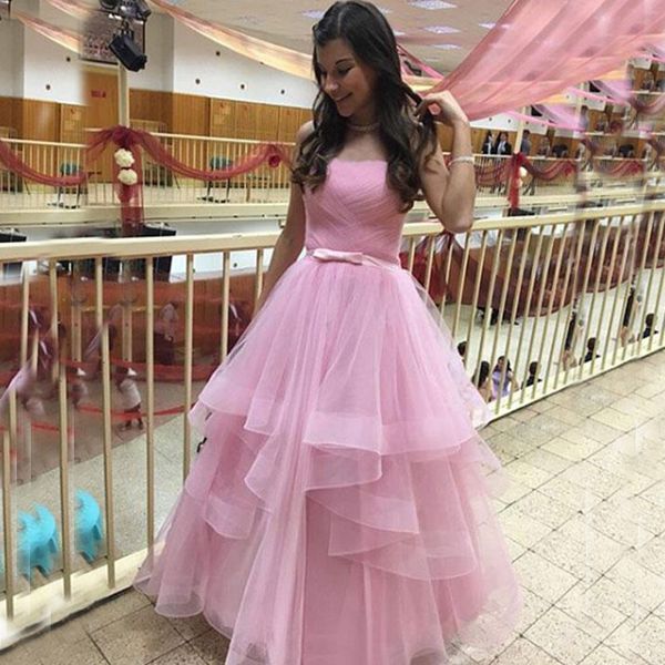 

charming a-line long prom dresses strapless pleated ruffles tulle floor length evening party gowns pink purple formal gown, Black