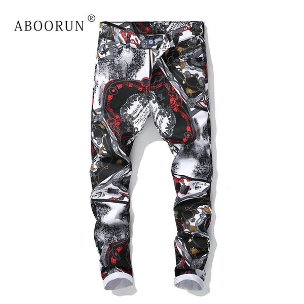 

aboorun men's fashion skinny jeans digital printed pencil jeans male brand slim fit denim pants x1942, Blue