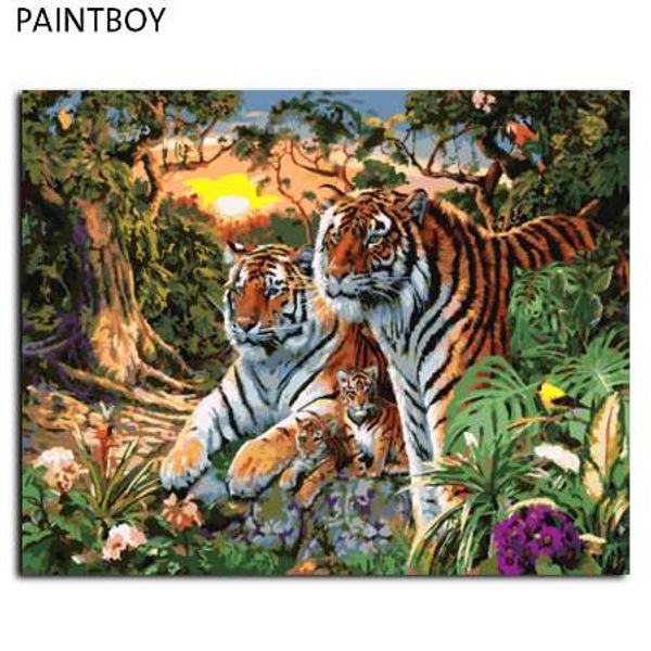 Europa Home Dekoration Tiger Familie DIY Leinwand Ölgemälde Gerahmte Bilder Malen Nach Zahlen Wand Kunst GX7861 40*50 cm