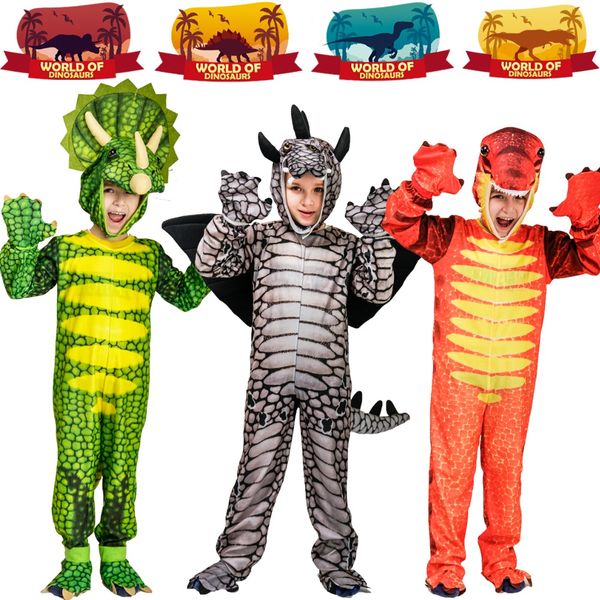 

boy's cosplay dinosaur costumes masquerade stegosaurus/tyrannosaurus/tricera jumpsuit for halloween &carnival, Black;red