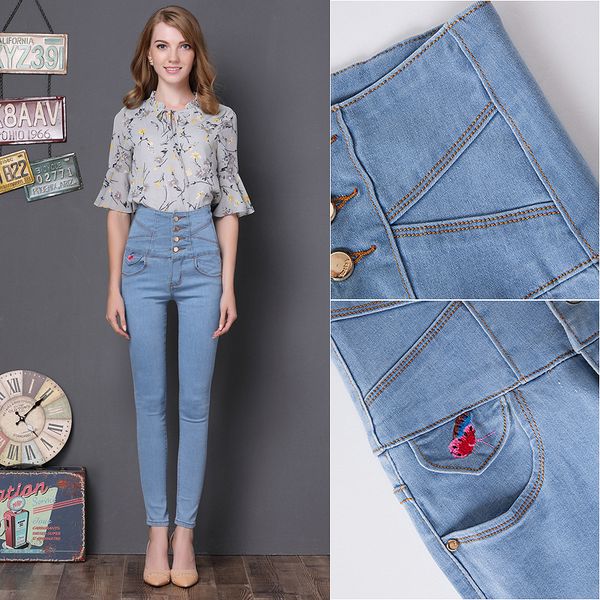 

new 2018 high-waisted embroidered women jeans pencil pants plus size jeans 6xl, Blue