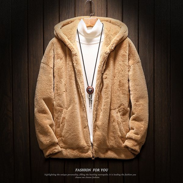 

winter hooded loose jacket imitation fur lambs velvet mens jacket and coats casual thick male fleece hoodies outerwear overcoat, Black;brown