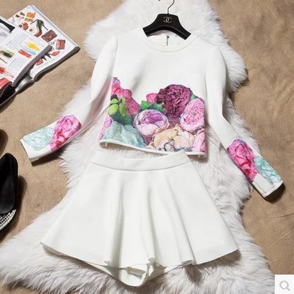 

2017 autumn winter women's flowers suede long sleeved jacket + skirt suits women's sets spring casual 2 piece sets female, White;black