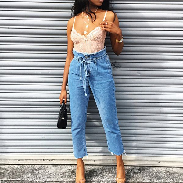 

high waist jeans summer autumn women drawstring waist ankle-length pants plus size casual trousers, Blue