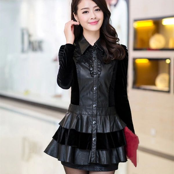 

autumn winter long-sleeve long outerwear casual pu leather black jacket women turn-down collar slim coat