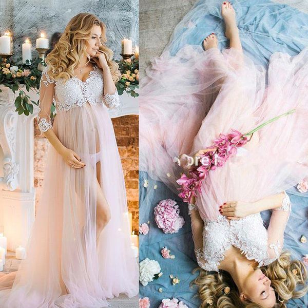 

3/4 Long Sleeves Maternity Formal Evening Dresses Front Slit Lace Applique Tulle Empire Waist Pregnant Illusion Prom Party Dress BC0286