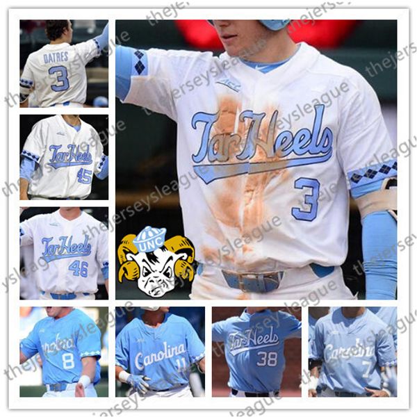 

north carolina tar heels #3 kyle datres 10 zack gahagan 15 michael busch 2018 white light blue stitched ncaa college baseball jerseys, Black