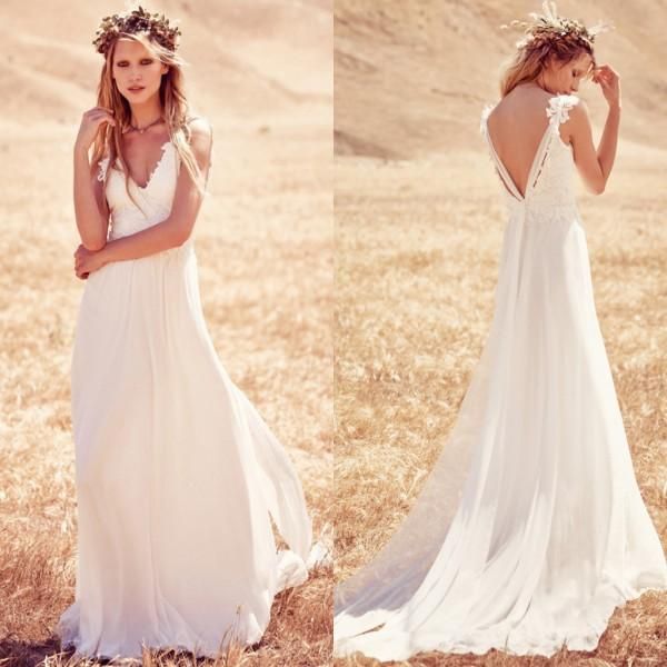 

backless wedding dress a line spaghetti straps lace appliqued chiffon boho garden beach country wedding bridal gown 2018, White