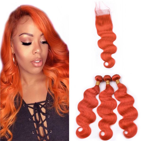 2020 Burnt Orange Brazilian Wavy Hair Bundles With Lace Closure
