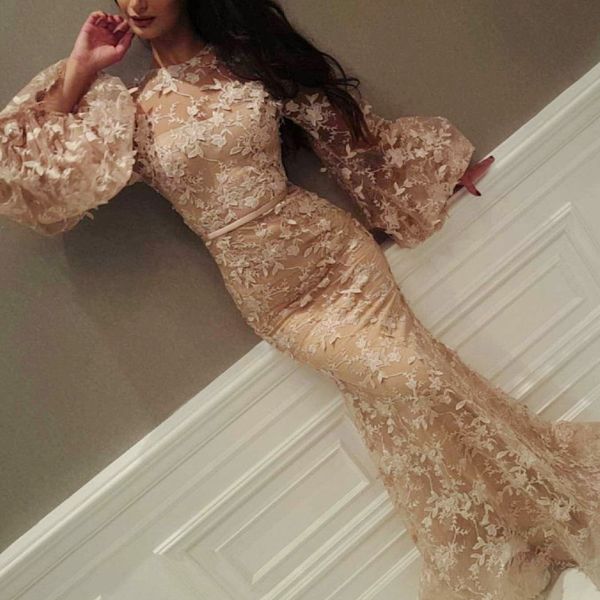 

poet long sleeve party dresses 2018 yousef_aljasm couture lace mermaid prom dresses jewel neck appliques saudi celebrity prom dress cheap, Black