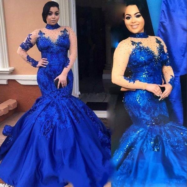 

208 royal bule prom dresses high neck illusion long sleeve formal evening gowns beaded applique mermaid celebrity party dress, Black