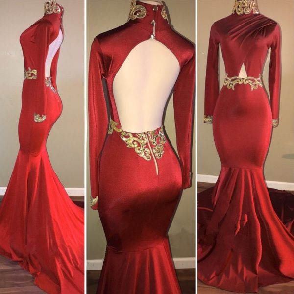 

high neck prom dresses with gold appliques pleats beads satin backless evening dress long sleeves cocktail party dresses cheap, Black