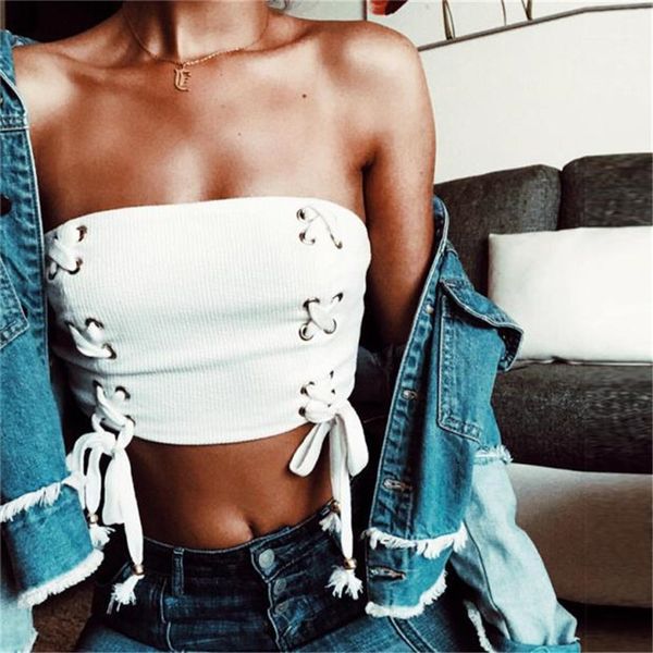 

bustier off shoulder lace up tank women strapless crop vest club tube bandage crop t-shirts, White