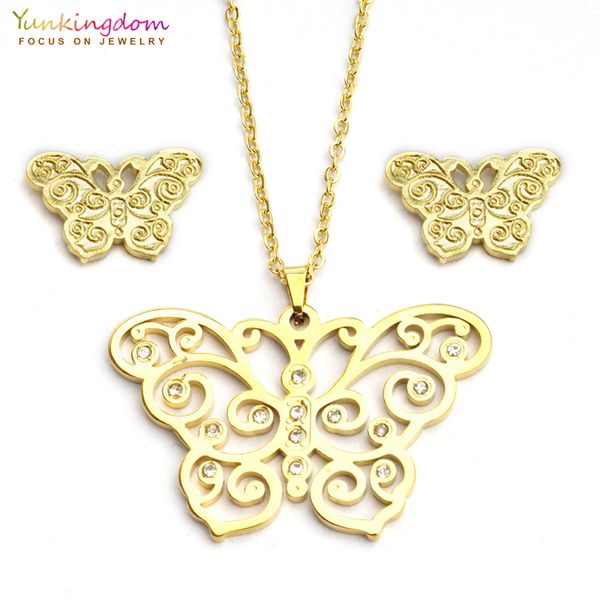 

yunkingdom vintage butterfly rhinestone jewelry sets for women fashion stainless steel pendant necklace earring set ue0153, Silver