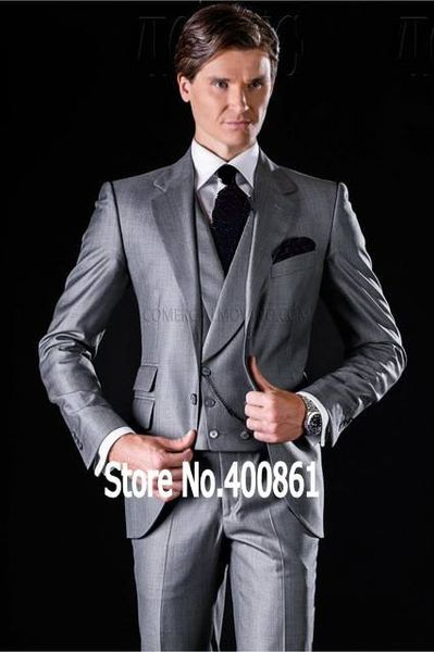 

new popular grey 3 piece suit men wedding tuxedos notch lapel one button groom tuxedos men dinner prom blazer(jacket+pants+tie+vest) 70, Black;gray
