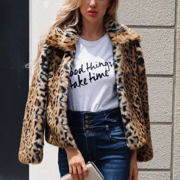 

ishowtienda faux fur coat women 2018 leopard print fashion autumn winter faux fur jacket coat overcoat manteau femme hiver, Black