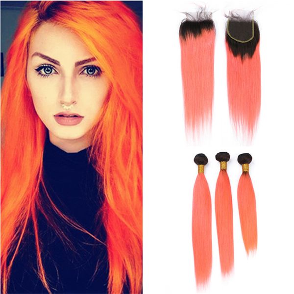 2019 Light Orange Ombre Brazilian Straight Hair 3 Bundles With Lace Closure Dark Roots 1b Orange Ombre Human Hair And Free Part Closure From