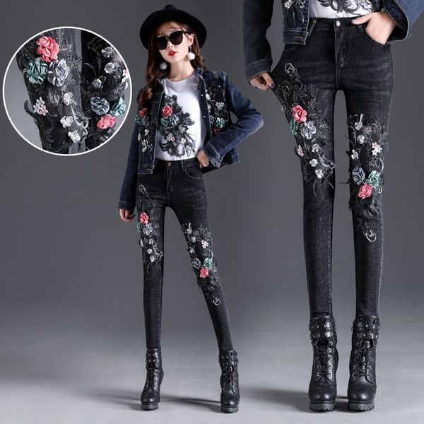 

new black embroidered sequins flower slim jeans women`s mid high waist stretch denim skinny pants jeans for women a523, Blue