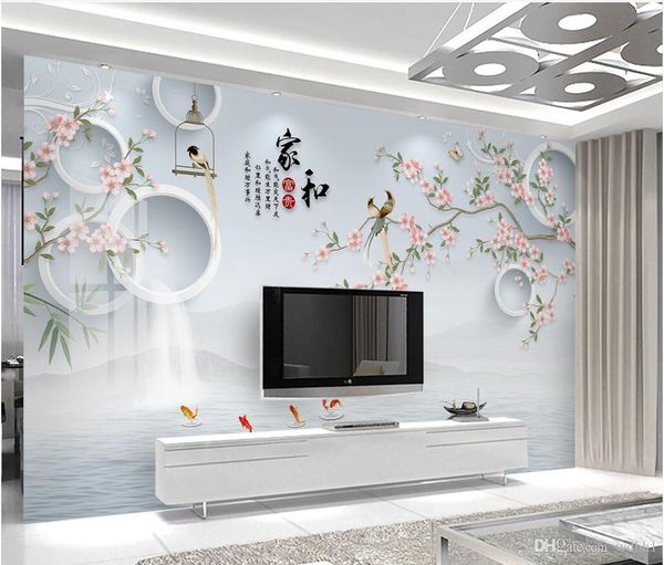 

3d room wallpaper custom p non-woven mural home and rich new chinese three-dimensional circle hand-painted plum wallpaper for walls 3 d