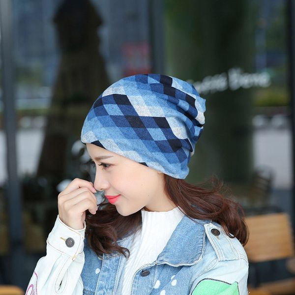 

2018 new summer autumn women's hats cotton skullies beanie knitted female hat multipurpose hats scarf face mask 3 in 1 bonnet, Blue;gray