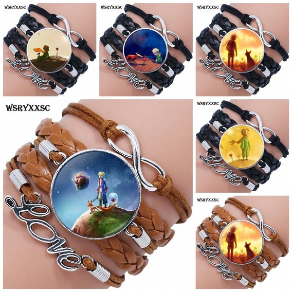 

for christmas gift the little prince plated jewelry with glass cabochon multilayer black/brown leather bracelet bangle, Golden;silver