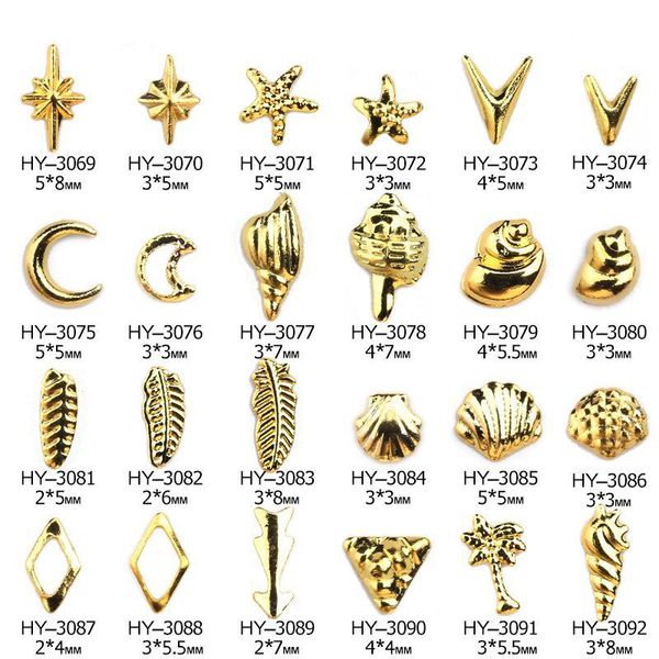 

100pcs/lot, 3d gold nail art studs shells stars moons shapes diy metal rivets nail art decorations tools, Silver;gold